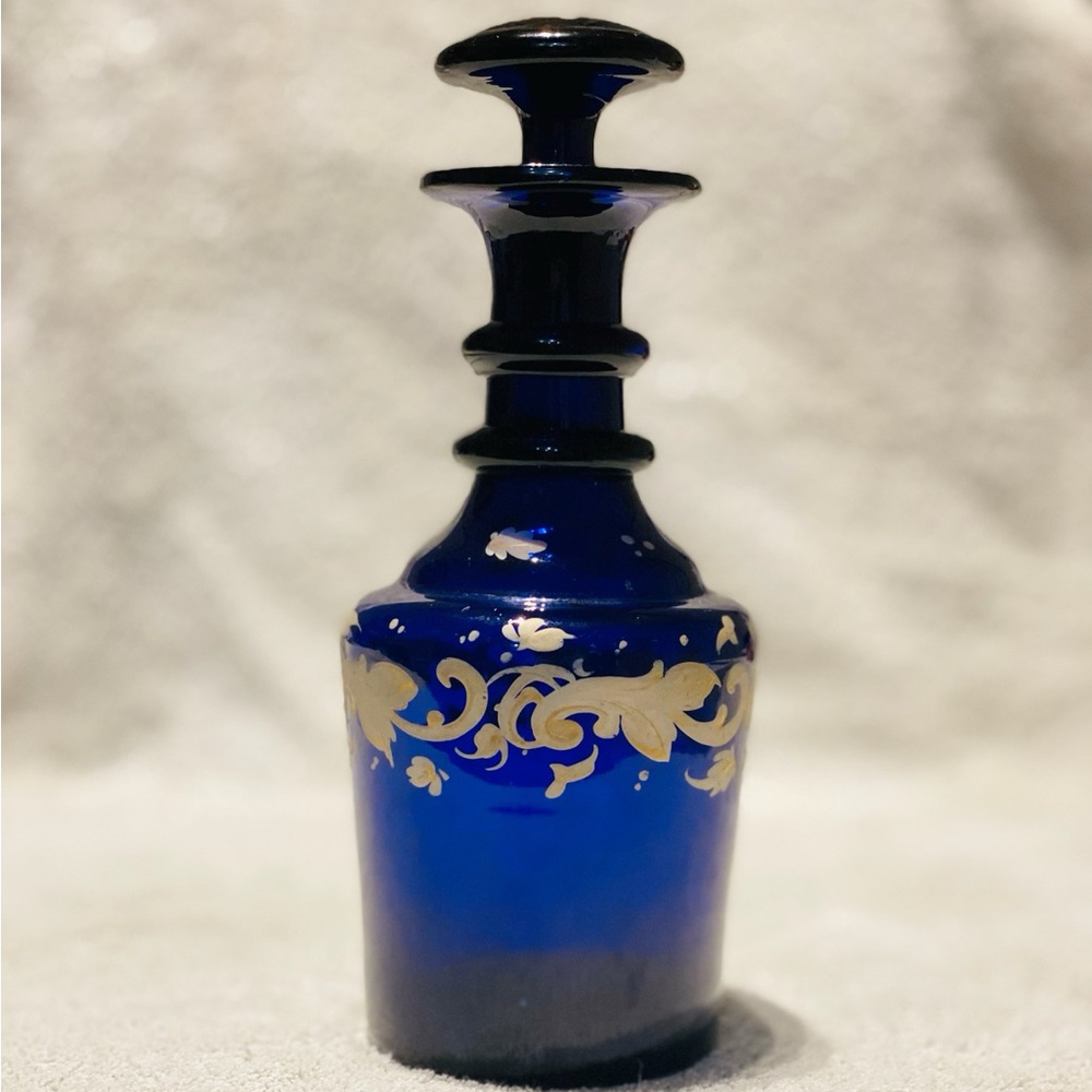 Vintage Cobalt Blue Bohemian Decanter Hand Painted from the Czech Republic.